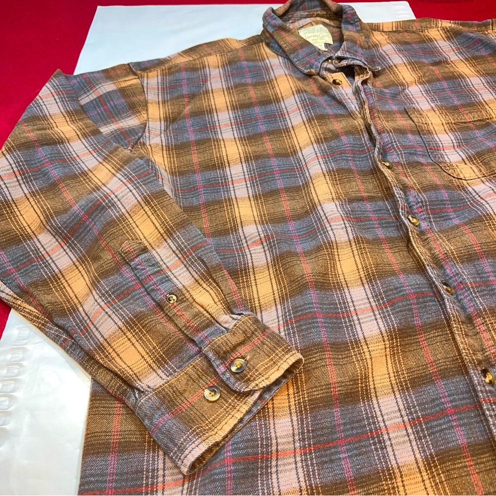 Cabela’s XL TALL BROWN WIDE PLAID Shirt BLUE HEAVY COTTON Long Sleeves Button Up